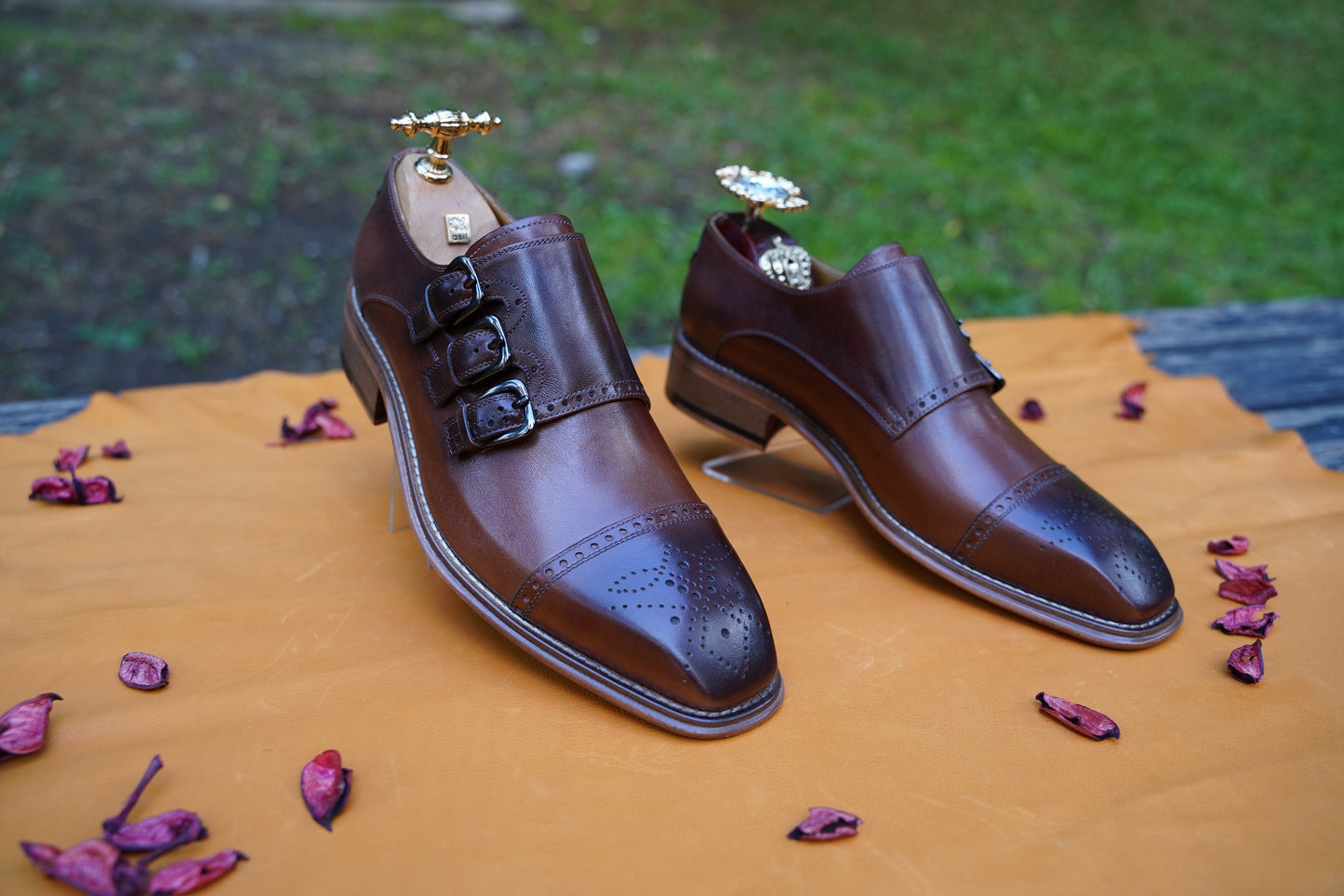 Double Monk Strap Mens Shoes Cap Toe Brogues Leather Handmade Men Shoes Suit Shoes Business Shoes Classic Shoes For Men