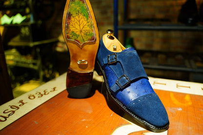 Handmade Leather  Spotted Double Monk Strap Blue Men Shoe, Men Brouge Shoe  ,Men Shoe, Suit Men Shoe,Customized Men Shoe, Asil Shoes
