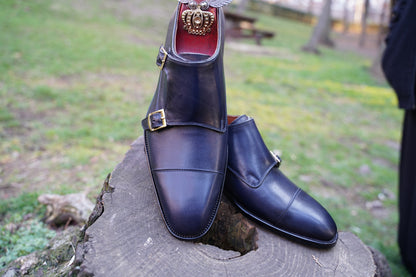 Navy Blue Double Monk Strap Made-To-Order Custom Men Shoes / Genuine Leather Full Handmade Premium Quality/ Asil Shoes