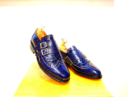 AsilShoesTr/ Custom Bespoe Handcraft Embossed First Class Quality Blue Leather Men Shoes Monk Strap Leather Sole Men Dress Shoes