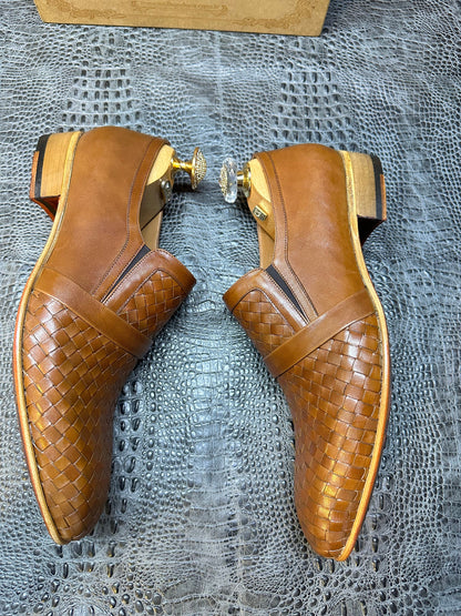 HANDMADE TASSEL LOAFER Shoes Woven Leather Shoes Men's Breathable Loafers Slip-On Shoes Brown Dress Shoes Leather Sole