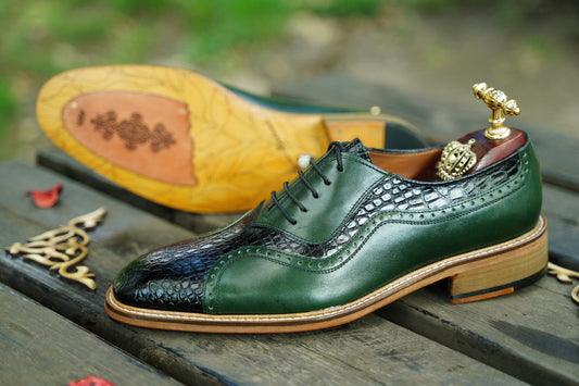Green Leather Oxford Men Shoes / Elegant Shoes / Suit Shoes For Men / Leather Sole /Goodyear Welt/ Premium Quality/ Made-To-Order