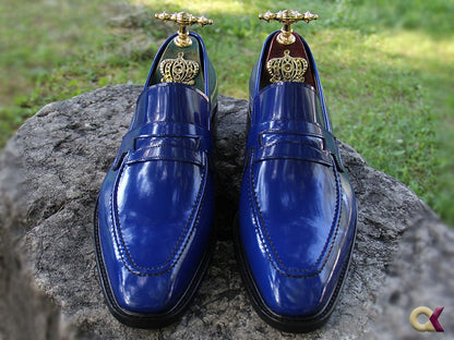 Men Penny Loafer Shoes, Men Wing tip Shoes Blue Leather Handmade Shoes, Handmade Men Shoes, Men Suit Shoes,Personalized Men Shoes,Asil Shoe