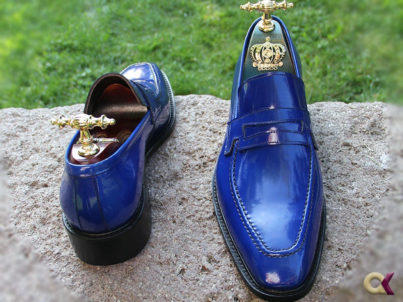 Men Penny Loafer Shoes, Men Wing tip Shoes Blue Leather Handmade Shoes, Handmade Men Shoes, Men Suit Shoes,Personalized Men Shoes,Asil Shoe