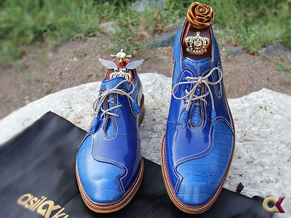 Blue Oxford Men Shoes, Custom Shoes,  Men Dress Shoes ,Embossed Oxford Men Shoe, Luxury Men Shoes, Personalized Men Shoes, Gift For Men
