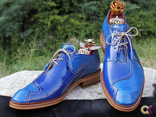 Blue Oxford Men Shoes, Custom Shoes,  Men Dress Shoes ,Embossed Oxford Men Shoe, Luxury Men Shoes, Personalized Men Shoes, Gift For Men