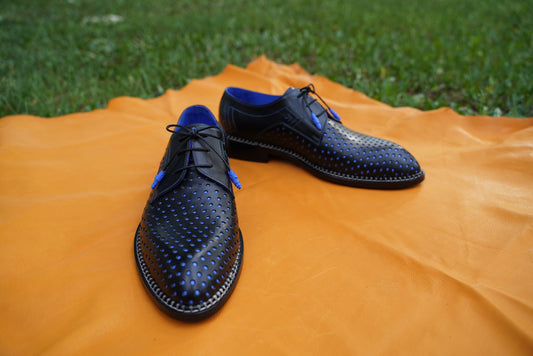 Goodyear Welted Oxford Brogues Shoes Blue Leather For Men, Handcraft Embossed Lace Up Shoes, Made To Order Shoes,Suit Shoes For Men