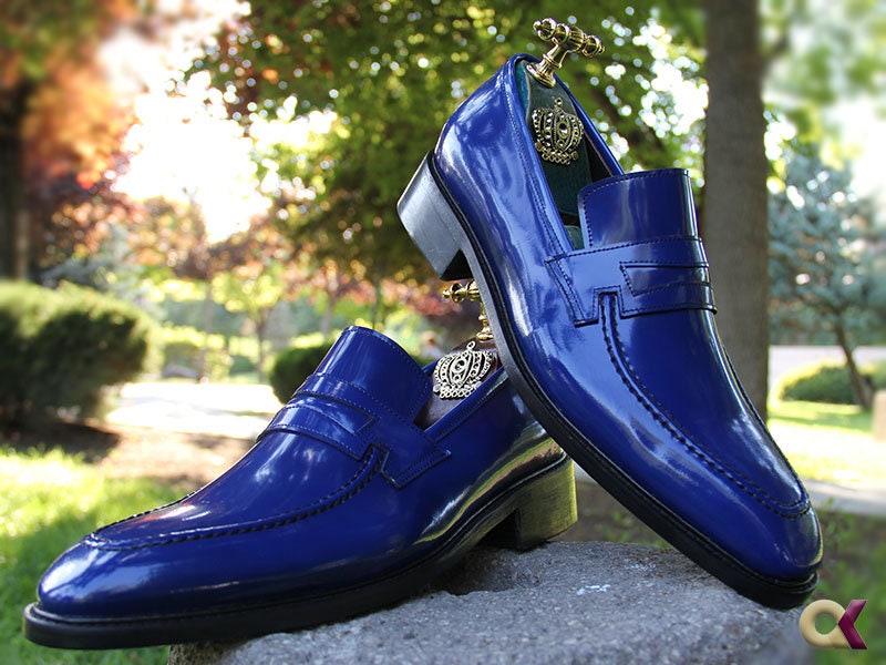 Men Penny Loafer Shoes, Men Wing tip Shoes Blue Leather Handmade Shoes, Handmade Men Shoes, Men Suit Shoes,Personalized Men Shoes,Asil Shoe