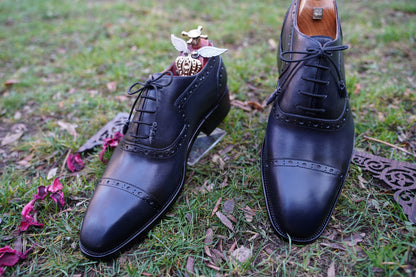 Navy Blue Genuine Leather Men Shoe Made-To-Order Custom Size Cap Toe Brogue Oxford Men Shoes