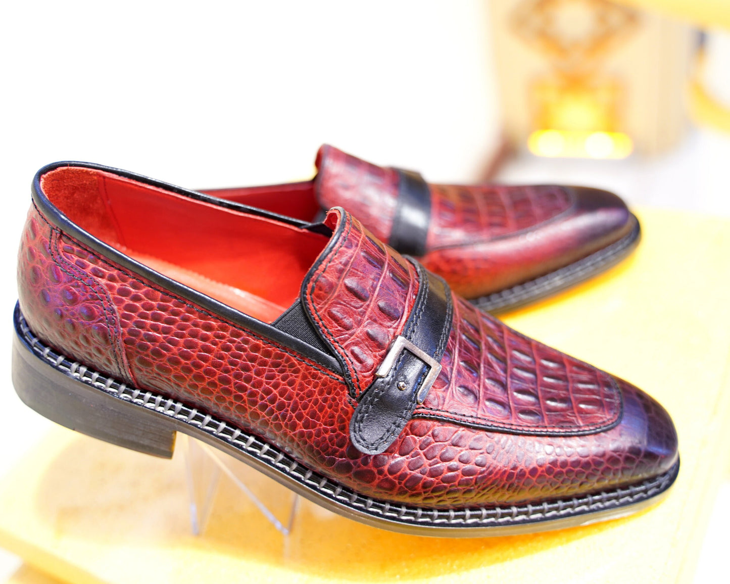 Red Alligator Leather Monk Strap Loafer For Men Premium Quality Made To Order Bespoke  Anniversary Valentine's Day Gift For Him Men