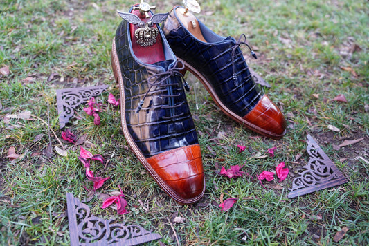 Alligator Croco Leather Cap Toe Luxury Men Shoe Blue Orange Men Shoe, Made To Order Customizable Suit Shoe Handmade