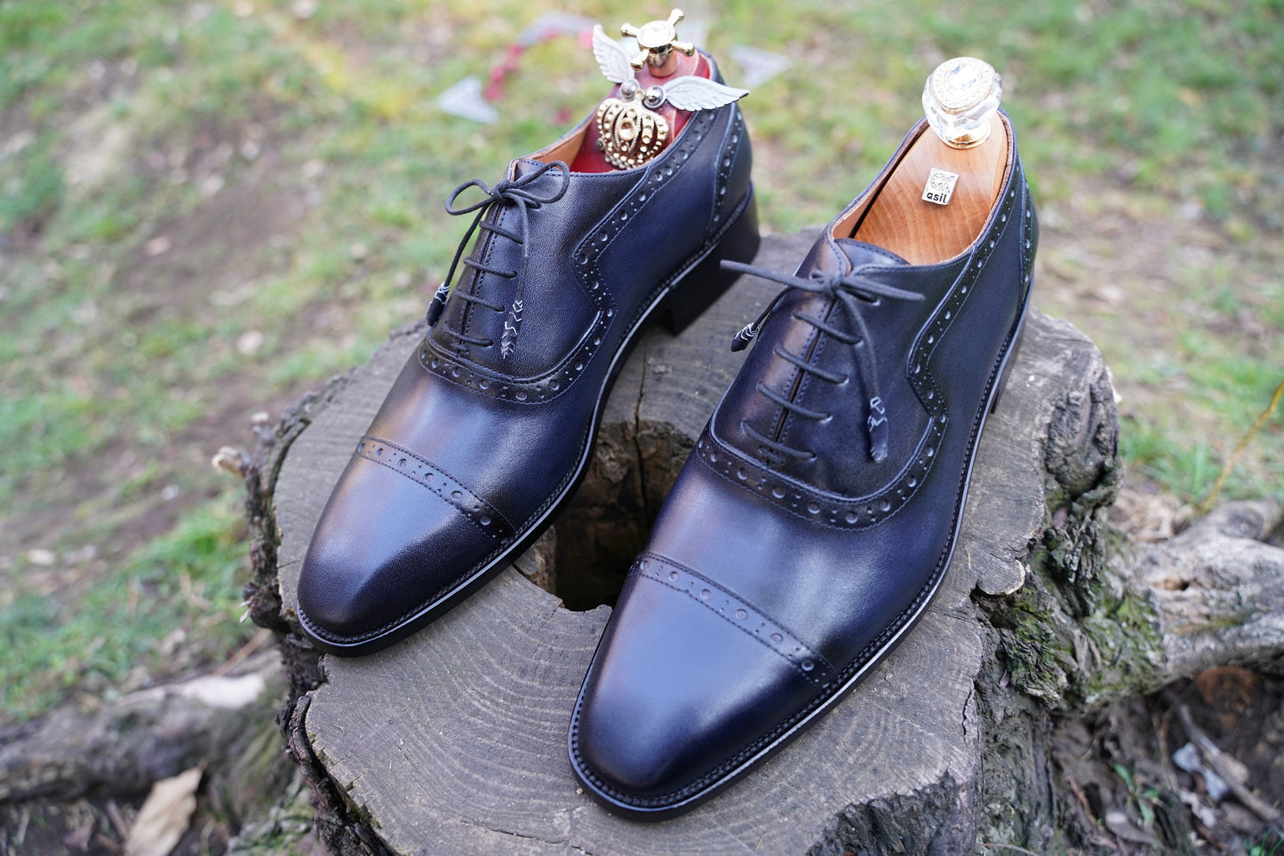 Navy Blue Genuine Leather Men Shoe Made-To-Order Custom Size Cap Toe Brogue Oxford Men Shoes