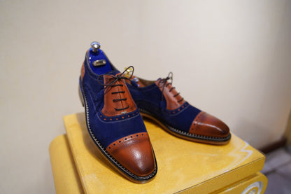 Made To Order Custom Men Shoe /Men Oxford Cap Toe Shoe/ Premium Quality Blue Suede Leather Shoe AsilShoes Causal Men Shoe