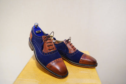 Made To Order Custom Men Shoe /Men Oxford Cap Toe Shoe/ Premium Quality Blue Suede Leather Shoe AsilShoes Causal Men Shoe