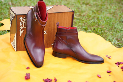 Maroon Leather Chealsea Men Boot With Buckle Premium Quality Handmade Made-To-Order Ankle Men Boot