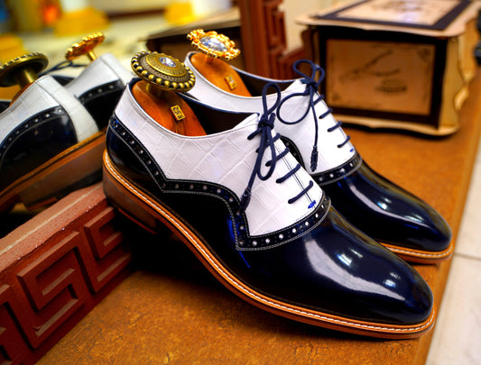 Classic Men's Dress Shoes, White-Navy Blue Oxford Shoes, Leather Shoes Men, Oxford Shoes Men, Italian Leather Shoes AsilShoes