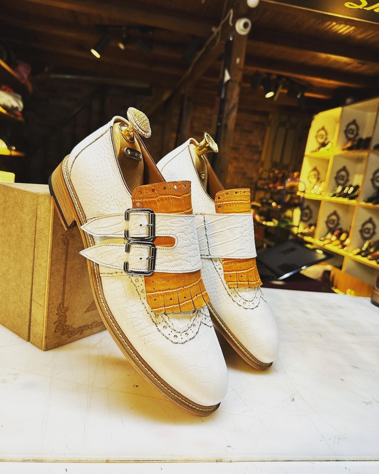 White Orange Men's Loafer Custom Slip-On Men Dress Shoes Monk Strap Leather Shoes Premium Quality