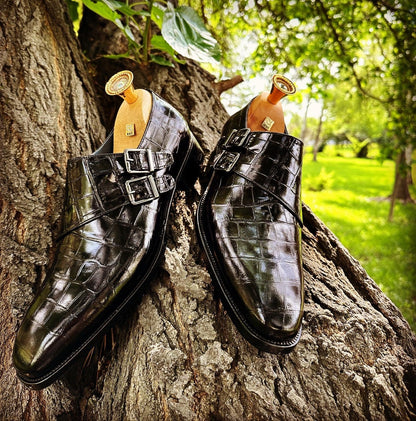 Black Croco Leather Monk Strap Dress Shoes Leather Sole Alligator Print Made-To-Order Bespoke Shoes