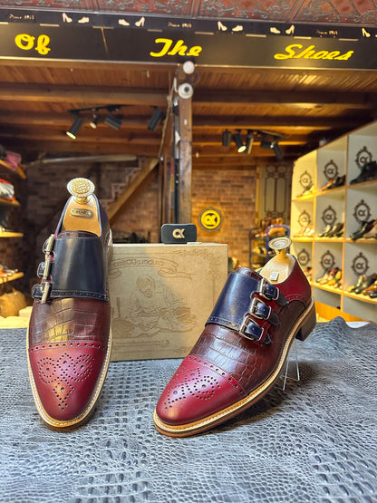 Triple Monk Strap Cap Toe Burgundy Men Dress Shoes Leather Sole Premium Quality Custom Men Footwear Beskope Shoe