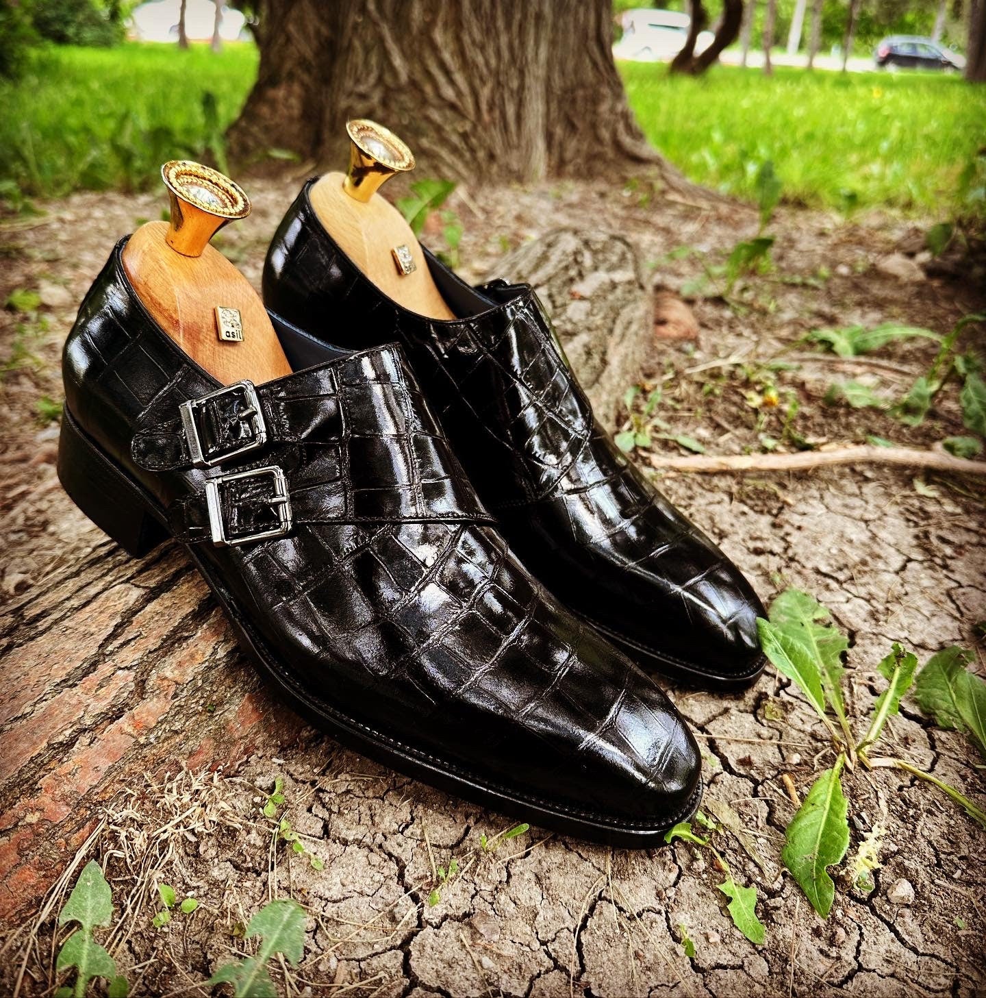 Black Croco Leather Monk Strap Dress Shoes Leather Sole Alligator Print Made-To-Order Bespoke Shoes