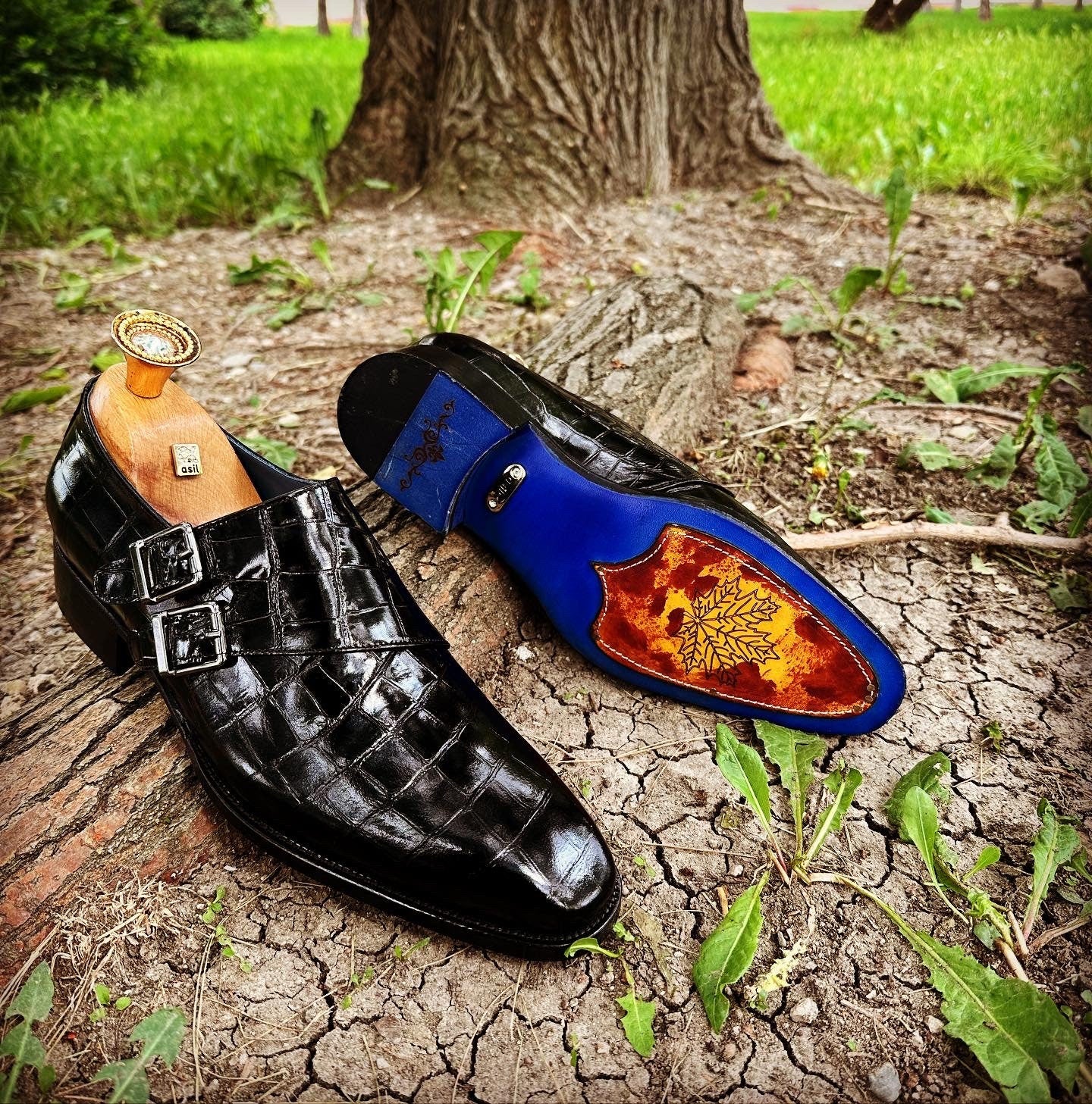 Black Croco Leather Monk Strap Dress Shoes Leather Sole Alligator Print Made-To-Order Bespoke Shoes